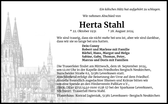 Anzeige von Herta Stahl von Kölner Stadt-Anzeiger / Kölnische Rundschau / Express