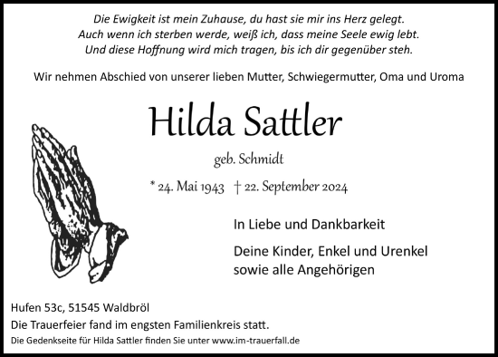 Anzeige von Hilda Sattler von  Lokalanzeiger 