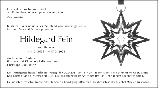 Anzeige von Hildegard Fein von Kölner Stadt-Anzeiger / Kölnische Rundschau / Express