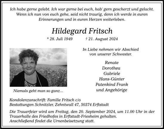 Anzeige von Hildegard Fritsch von  Werbepost 