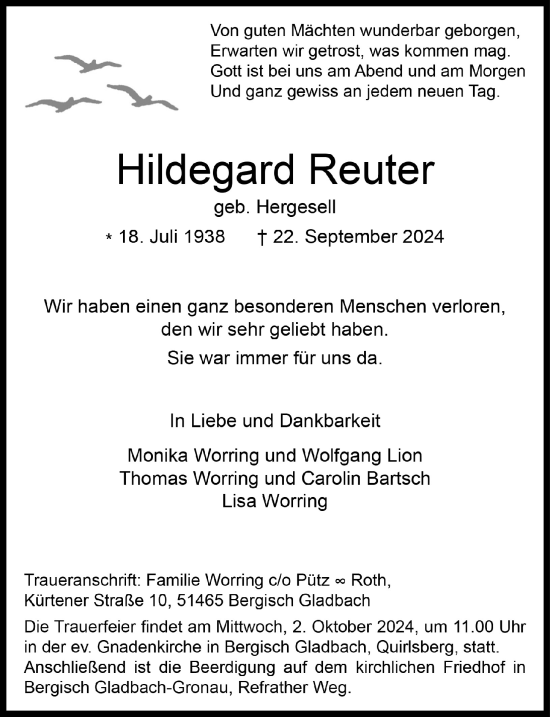 Anzeige von Hildegard Reuter von  Bergisches Handelsblatt 