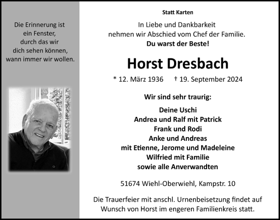 Anzeige von Horst Dresbach von  Anzeigen Echo 