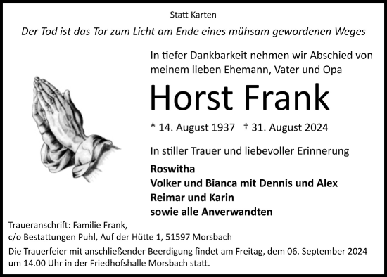 Anzeige von Horst Frank von  Lokalanzeiger 
