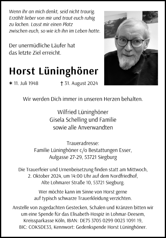 Anzeige von Horst Lüninghöner von Kölner Stadt-Anzeiger / Kölnische Rundschau / Express