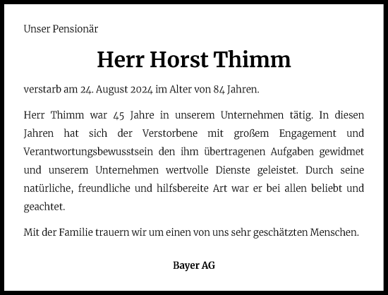 Anzeige von Horst Thimm von Kölner Stadt-Anzeiger / Kölnische Rundschau / Express