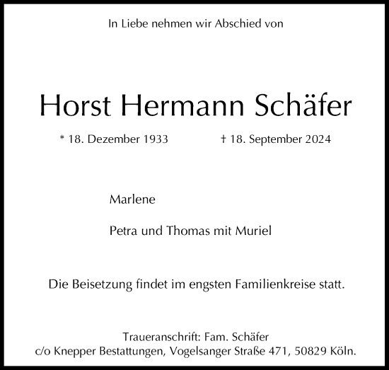 Anzeige von Horst Hermann Schäfer von Kölner Stadt-Anzeiger / Kölnische Rundschau / Express