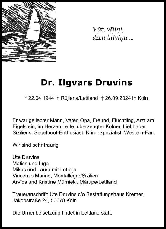 Anzeige von Ilgvars Druvins von Kölner Stadt-Anzeiger / Kölnische Rundschau / Express