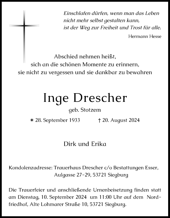 Anzeige von Inge Drescher von Kölner Stadt-Anzeiger / Kölnische Rundschau / Express