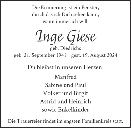 Anzeige von Inge Giese von  Schlossbote/Werbekurier 