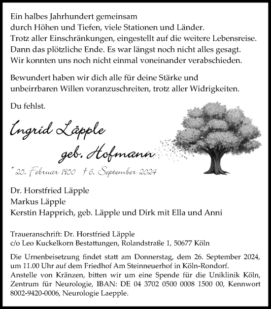 Anzeige von Ingrid Läpple von Kölner Stadt-Anzeiger / Kölnische Rundschau / Express