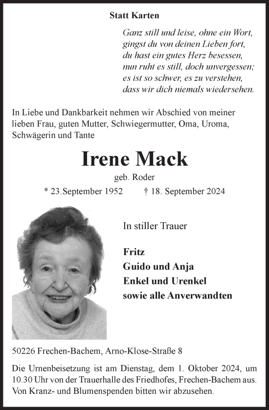 Anzeige von Irene Mack von  Wochenende 