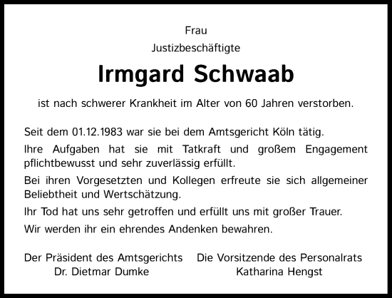 Anzeige von Irmgard Schwaab von Kölner Stadt-Anzeiger / Kölnische Rundschau / Express