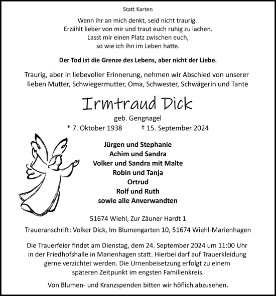 Anzeige von Irmtraud Dick von  Anzeigen Echo 