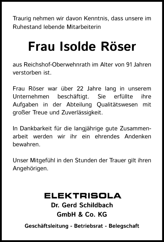 Anzeige von Isolde Röser von Kölner Stadt-Anzeiger / Kölnische Rundschau / Express