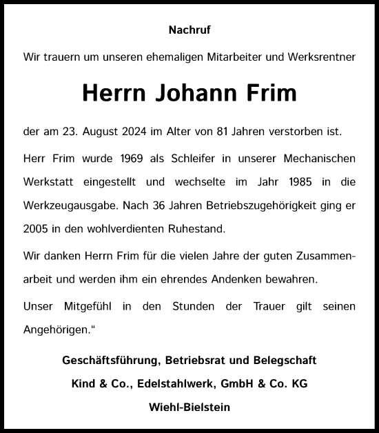 Anzeige von Johann Frim von Kölner Stadt-Anzeiger / Kölnische Rundschau / Express