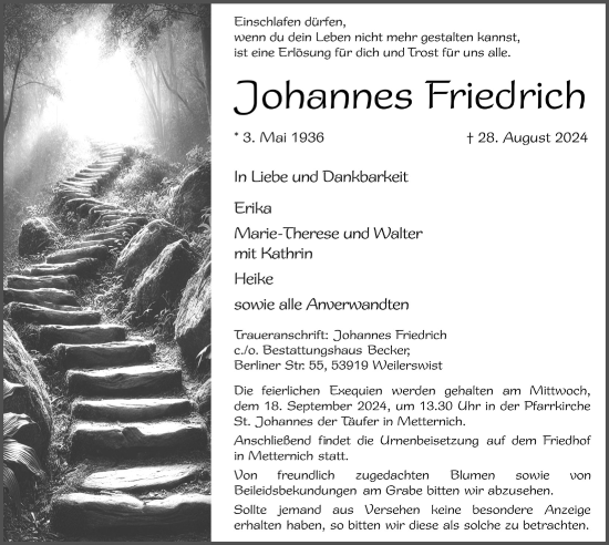 Anzeige von Johannes Friedrich von  Blickpunkt Euskirchen 
