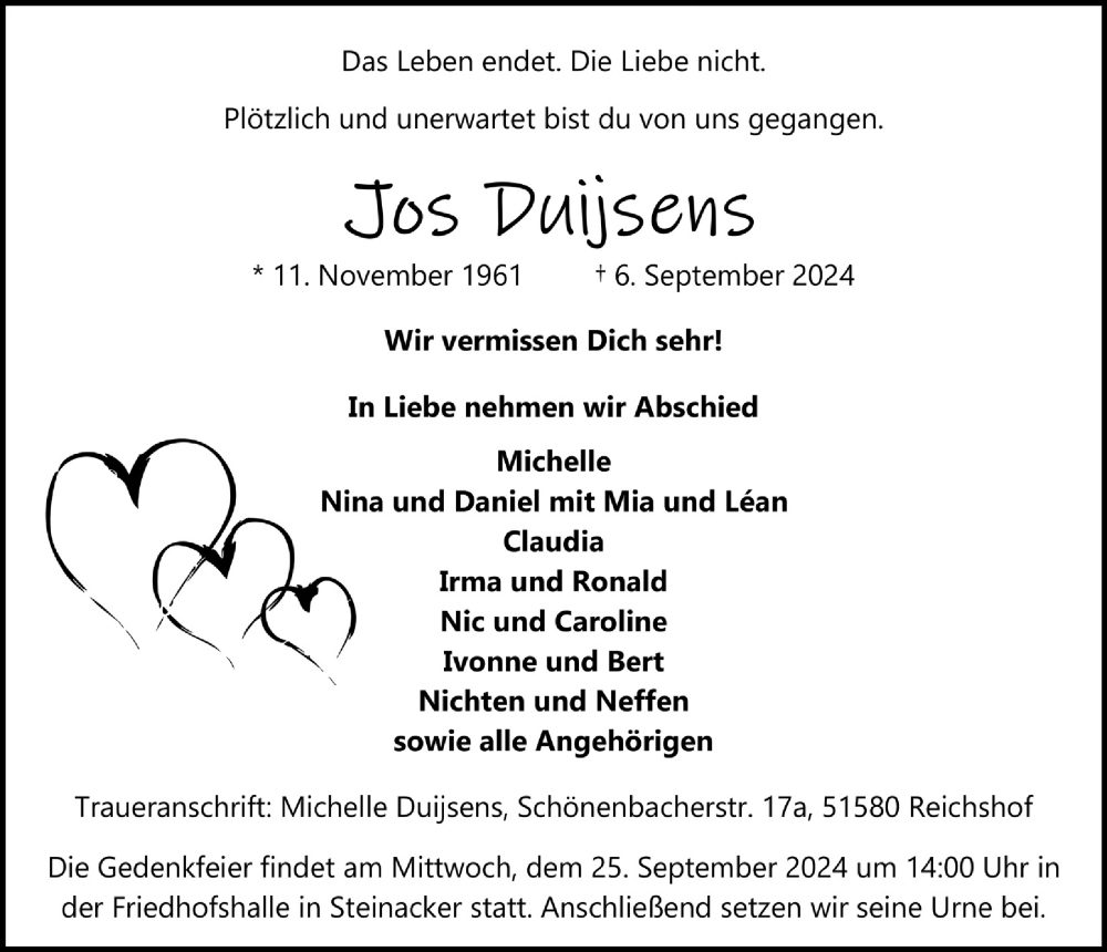  Traueranzeige für Jos Duijsens vom 20.09.2024 aus  Anzeigen Echo 