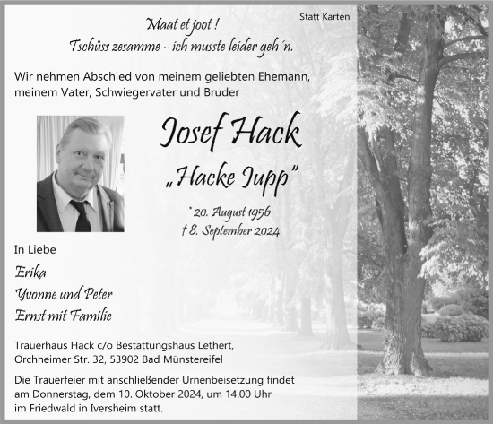 Anzeige von Josef Hack von  Blickpunkt Euskirchen 