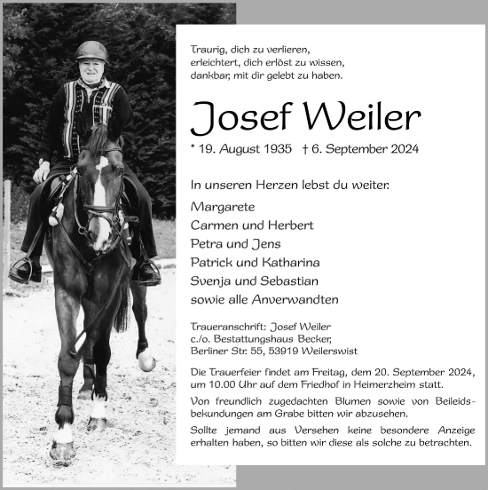 Anzeige von Josef Weiler von  Blickpunkt Euskirchen 