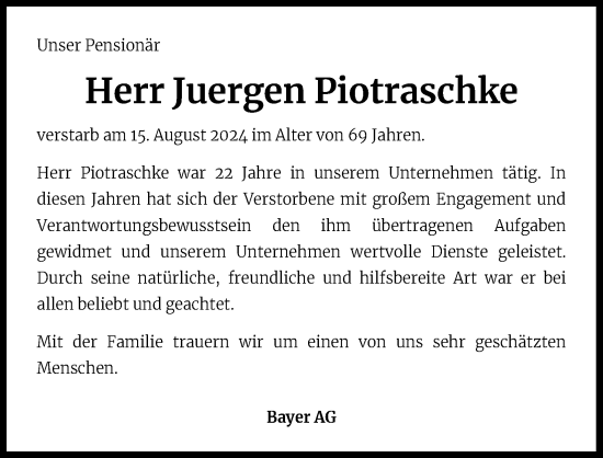 Anzeige von Juergen Piotraschke von Kölner Stadt-Anzeiger / Kölnische Rundschau / Express