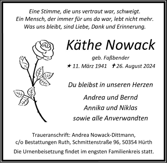Anzeige von Käthe Nowak von  Wochenende 
