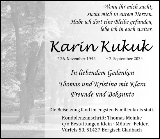 Anzeige von Karin Kukuk von  Bergisches Handelsblatt 