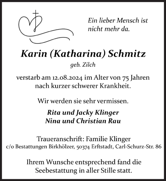 Anzeige von Karin Schmitz von  Werbepost 