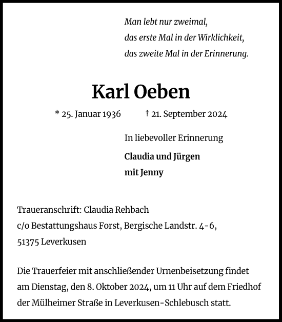 Anzeige von Karl Oeben von Kölner Stadt-Anzeiger / Kölnische Rundschau / Express