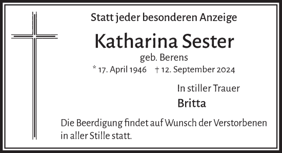 Anzeige von Katharina Sester von  Wochenende 