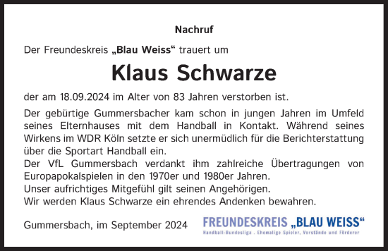 Anzeige von Klaus Schwarze von Kölner Stadt-Anzeiger / Kölnische Rundschau / Express