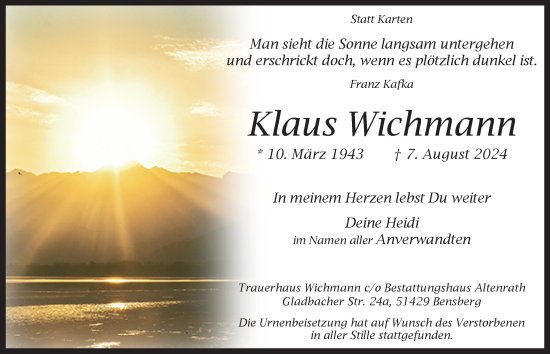 Anzeige von Klaus Wichmann von  Bergisches Handelsblatt 