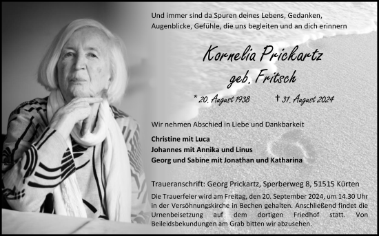Anzeige von Kornelia Prickartz von Kölner Stadt-Anzeiger / Kölnische Rundschau / Express