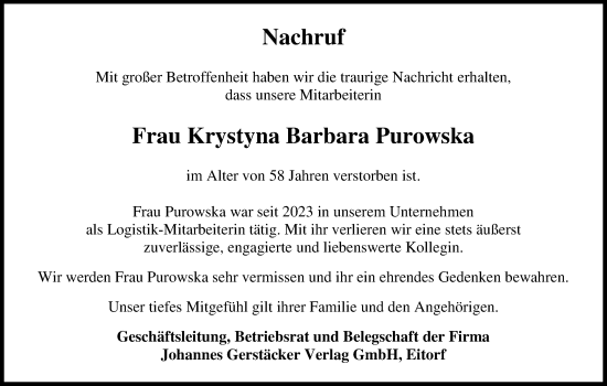 Anzeige von Krystyna Barbara Purowska von Kölner Stadt-Anzeiger / Kölnische Rundschau / Express