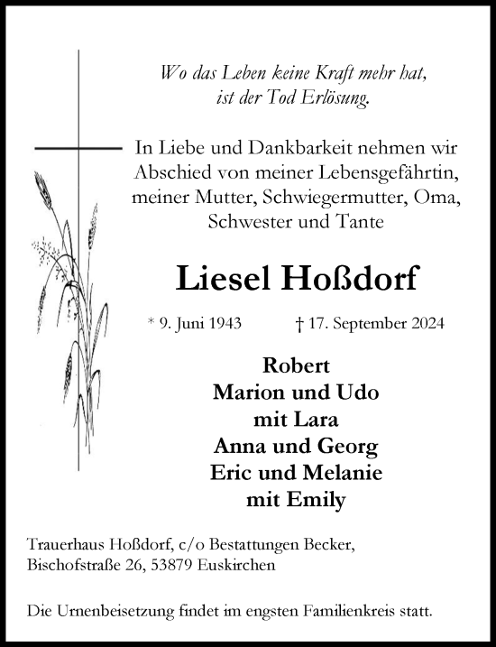 Anzeige von Liesel Hoßdorf von  Blickpunkt Euskirchen 