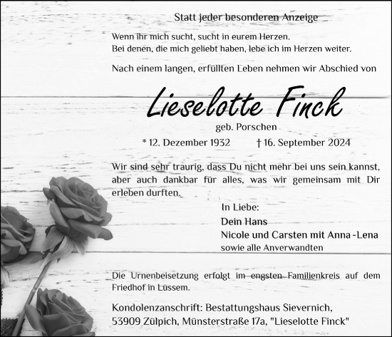 Anzeige von Lieselotte Finck von  Blickpunkt Euskirchen 
