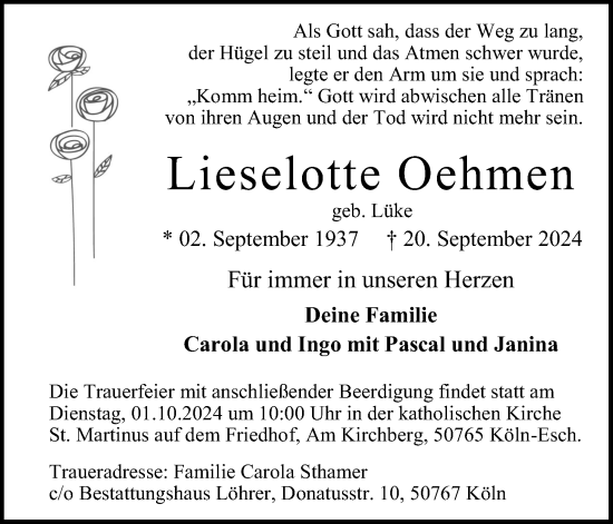 Anzeige von Lieselotte Oehmen von Kölner Stadt-Anzeiger / Kölnische Rundschau / Express