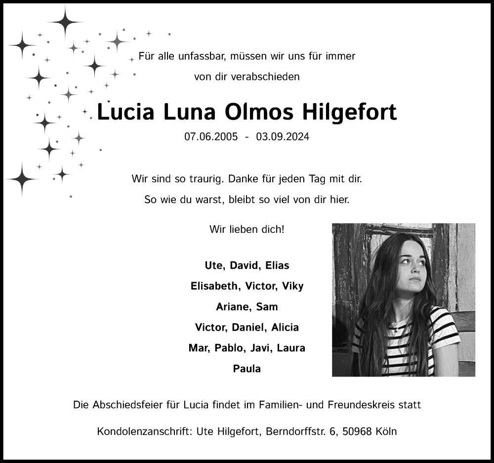  Traueranzeige für Lucia Hilgefort vom 14.09.2024 aus Kölner Stadt-Anzeiger / Kölnische Rundschau / Express
