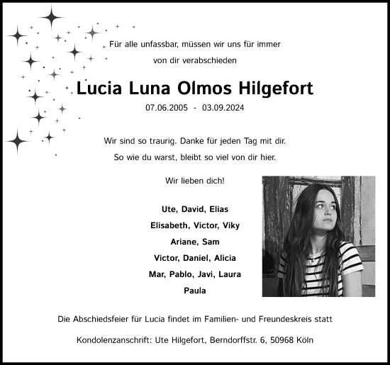 Anzeige von Lucia Hilgefort von Kölner Stadt-Anzeiger / Kölnische Rundschau / Express
