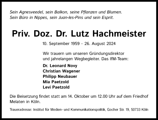Anzeige von Lutz Hachmeister von Kölner Stadt-Anzeiger / Kölnische Rundschau / Express