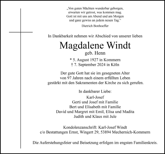 Anzeige von Magdalene Windt von  Blickpunkt Euskirchen 