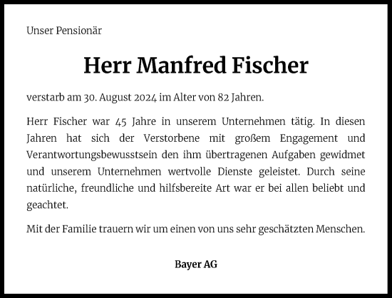 Anzeige von Manfred Fischer von Kölner Stadt-Anzeiger / Kölnische Rundschau / Express