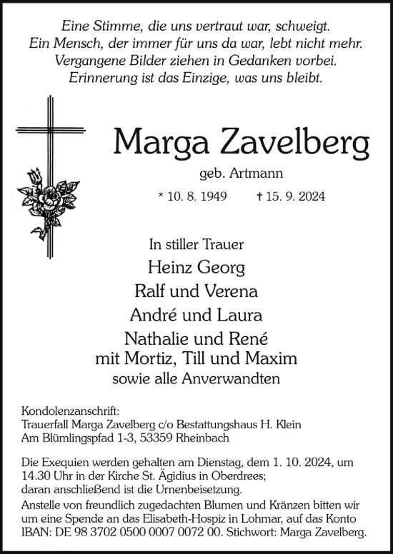 Anzeige von Marga Zavelberg von  Schaufenster/Blickpunkt 