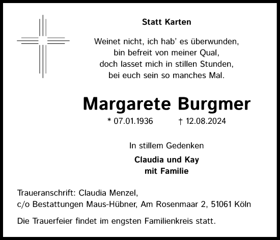 Anzeige von Margarete Burgmer von Kölner Stadt-Anzeiger / Kölnische Rundschau / Express