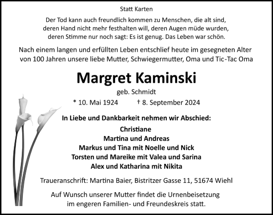 Anzeige von Margret Kaminski von  Anzeigen Echo 