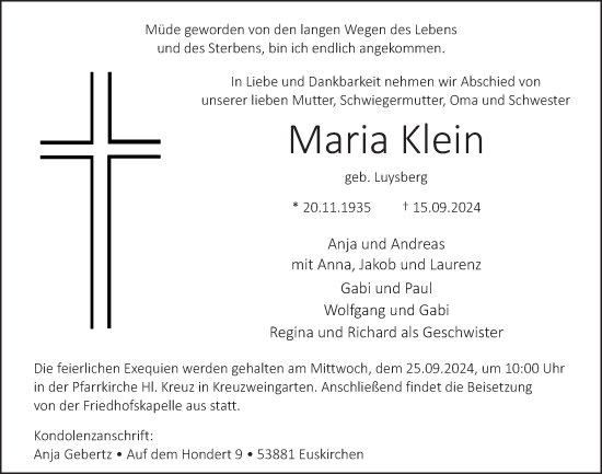 Anzeige von Maria Klein von  Blickpunkt Euskirchen 