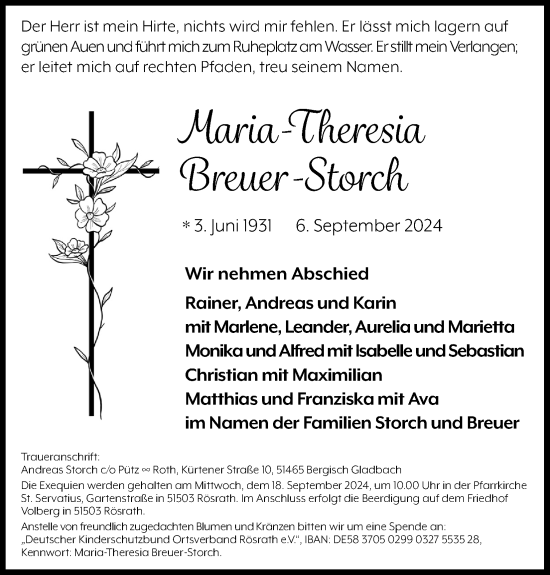 Anzeige von Maria-Theresia Breuer-Storch von Kölner Stadt-Anzeiger / Kölnische Rundschau / Express
