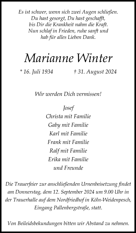 Anzeige von Marianne Winter von Kölner Stadt-Anzeiger / Kölnische Rundschau / Express