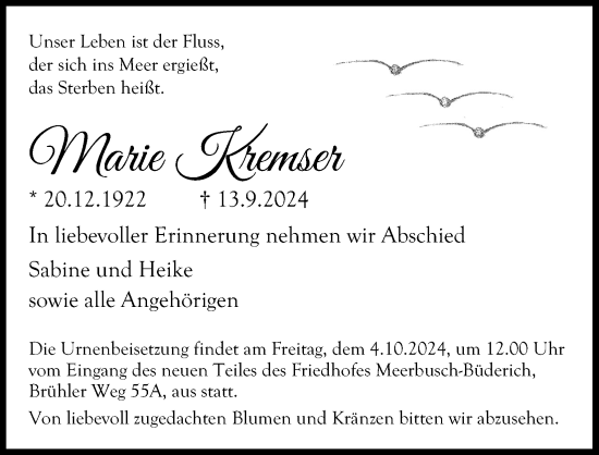 Anzeige von Marie Kremser von Kölner Stadt-Anzeiger / Kölnische Rundschau / Express