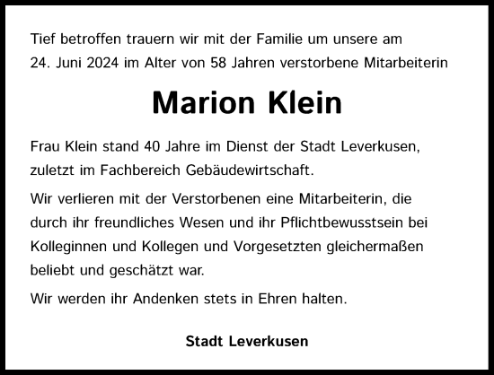 Anzeige von Marion Klein von Kölner Stadt-Anzeiger / Kölnische Rundschau / Express