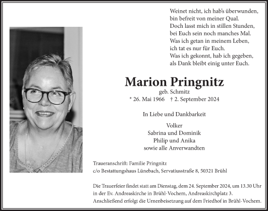 Anzeige von Marion Pringnitz von  Schlossbote/Werbekurier 